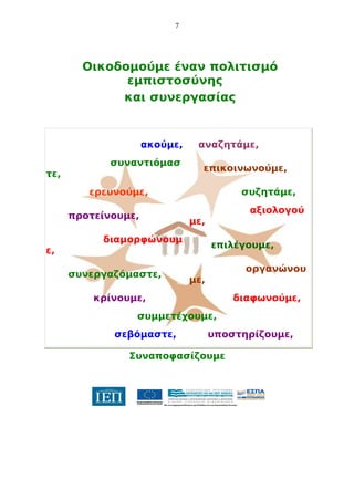 7

Οικοδομούμε έναν πολιτισμό
εμπιστοσύνης
και συνεργασίας

ακούμε,
συναντιόμασ
τε,

αναζητάμε,
επικοινωνούμε,

ερευνούμε,
προτείνουμε,
ε,

συζητάμε,
με,

διαμορφώνουμ
συνεργαζόμαστε,

αξιολογού
επιλέγουμε,
οργανώνου

με,

κρίνουμε,

διαφωνούμε,

συμμετέχουμε,
σεβόμαστε,

υποστηρίζουμε,

Συναποφασίζουμε

 