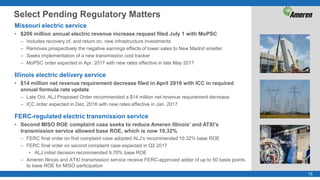 15
Select Pending Regulatory Matters
Missouri electric service
• $206 million annual electric revenue increase request filed July 1 with MoPSC
– Includes recovery of, and return on, new infrastructure investments
– Removes prospectively the negative earnings effects of lower sales to New Madrid smelter
– Seeks implementation of a new transmission cost tracker
– MoPSC order expected in Apr. 2017 with new rates effective in late May 2017
Illinois electric delivery service
• $14 million net revenue requirement decrease filed in April 2016 with ICC in required
annual formula rate update
– Late Oct. ALJ Proposed Order recommended a $14 million net revenue requirement decrease
– ICC order expected in Dec. 2016 with new rates effective in Jan. 2017
FERC-regulated electric transmission service
• Second MISO ROE complaint case seeks to reduce Ameren Illinois’ and ATXI’s
transmission service allowed base ROE, which is now 10.32%
– FERC final order on first complaint case adopted ALJ’s recommended 10.32% base ROE
– FERC final order on second complaint case expected in Q2 2017
• ALJ initial decision recommended 9.70% base ROE
– Ameren Illinois and ATXI transmission service receive FERC-approved adder of up to 50 basis points
to base ROE for MISO participation
 