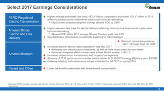 16
Select 2017 Earnings Considerations
1 Estimated FERC-regulated average rate base for Ameren Illinois and ATXI are $1.4 billion and $1.1 billion for 2017, respectively, compared to $1.2 billion and $0.9 billion for 2016,
respectively.
FERC-Regulated
Electric Transmission
 Higher average estimated rate base: ~$2.51 billion compared to estimated ~$2.11 billion in 2016
reflecting infrastructure investments made under formula ratemaking
• Expect lower projected weighted average allowed ROE vs. 2016
Ameren Illinois
Electric and Gas
Delivery
 Higher year-end rate base for electric delivery reflecting infrastructure investments made under
formula ratemaking
• Allowed ROE will be 2017 average 30-year Treasury yield plus 5.8%
 Gas distribution infrastructure investments qualifying for rider treatment
Ameren Missouri
 Increased electric service rates expected in late May 2017
• Reflecting new infrastructure investments, as well as more recent sales and cost levels
• Removal of negative effect of lower sales to New Madrid smelter: ~+$0.12
 Increased depreciation, transmission and property tax expenses
 Absence of 2016 performance incentive award related to 2013-2015 energy efficiency plan: $(0.07)
▬ Callaway refueling and maintenance outage scheduled for fall 2017 vs. spring 2016
Parent and Other  Lower tax benefits associated with share-based compensation
 Return to normal temperatures:
~($0.11) through Sept. 30, 2016
 