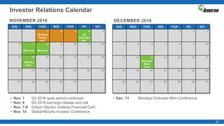 Investor Relations Calendar
DECEMBER 2016
SUN. MON. TUES. WED. THUR. FRI. SAT.
1 2 3
4 5 6 7 8 9 10
11 12 13 14 15 16 17
Barclays
Mini-
Conf.
18 19 20 21 22 23 24
25 26 27 28 29 30 31
• Dec. 13 Barclays Colorado Mini-Conference
27
NOVEMBER 2016
SUN. MON. TUES. WED. THUR. FRI. SAT.
1 2 3 4 5
Q3 Quiet
Period,
cont.
Q3
Earnings
Call
6 7 8 9 10 11 12
EEI Conf. EEI Conf.
13 14 15 16 17 18 19
Mizuho
Conf.
20 21 22 23 24 25 26
27 28 29 30 31
• Nov. 1 Q3 2016 quiet period continued
• Nov. 4 Q3 2016 earnings release and call
• Nov. 7-8 Edison Electric Institute Financial Conf.
• Nov. 14 Global Mizuho Investor Conference
 