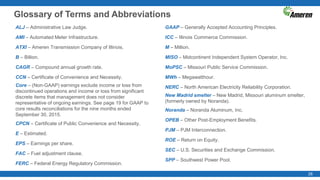 28
Glossary of Terms and Abbreviations
ALJ – Administrative Law Judge.
AMI – Automated Meter Infrastructure.
ATXI – Ameren Transmission Company of Illinois.
B – Billion.
CAGR – Compound annual growth rate.
CCN – Certificate of Convenience and Necessity.
Core – (Non-GAAP) earnings exclude income or loss from
discontinued operations and income or loss from significant
discrete items that management does not consider
representative of ongoing earnings. See page 19 for GAAP to
core results reconciliations for the nine months ended
September 30, 2015.
CPCN – Certificate of Public Convenience and Necessity.
E – Estimated.
EPS – Earnings per share.
FAC – Fuel adjustment clause.
FERC – Federal Energy Regulatory Commission.
GAAP – Generally Accepted Accounting Principles.
ICC – Illinois Commerce Commission.
M – Million.
MISO – Midcontinent Independent System Operator, Inc.
MoPSC – Missouri Public Service Commission.
MWh – Megawatthour.
NERC – North American Electricity Reliability Corporation.
New Madrid smelter – New Madrid, Missouri aluminum smelter,
(formerly owned by Noranda).
Noranda – Noranda Aluminum, Inc.
OPEB – Other Post-Employment Benefits.
PJM – PJM Interconnection.
ROE – Return on Equity.
SEC – U.S. Securities and Exchange Commission.
SPP – Southwest Power Pool.
 