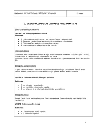 4
UNIDAD VII: ANTROPOLOGÍA PRÁCTICA Y APLICADA 15 horas
V.- DESARROLLO DE LAS UNIDADES PROGRAMATICAS
CONTENIDO PROGRAMÁTICO
UNIDAD I. La Antropología como Ciencia
Subtemas:
• 1. La antropología como ciencia y sus campos (primer y segundo Dia)
• 2. Desarrollo y evolución de la antropología: colonialismo y dominación
• 3. Principales Teorías Antropológicas (José Herrero
• 4. La antropología en México (tercer dia) Lomnitz
Bibliografia Básica
- Comellas, José Luis El último cambio de siglo. Gloria y crisis de occidente. 1870-1914. (pp. 135-182)
- Llobera José R. La antropología como ciencia. pp. 15-54
- Lomnitz, Claudio (1996) “Insoportable levedad”. En Fractal. Nº 2, julio-septiembre. Año 1. Vol. (pp.51-
76)
• 1. Los primates y su evolución
Bibliografía Complementaria
-Tejera Gaona, H. (1996): Manual de introducción a la antropología funcionalista, México, INAH
- Harris, Marvin (1981) Introducción a la antropología general. Madrid, Alianza Editorial.
UNIDAD II. Evolución humana: biológica y cultural
Subtemas:
• 2. Los homínidos y locomoción bípeda
• 3. Los orígenes de la cultura y la aparición del género Homo
• 1. La aparición del Homo Sapiens
Bibliografia Básica
Ember, Carol, Ember Melvin y Perigrine, Peter: Antropología. Pearson-Prentice Hall. Madrid, 2004
(pp. 84-119)
UNIDAD III: Humanos Modernos
Subtemas:
• 2. El paleolítico Superior
 