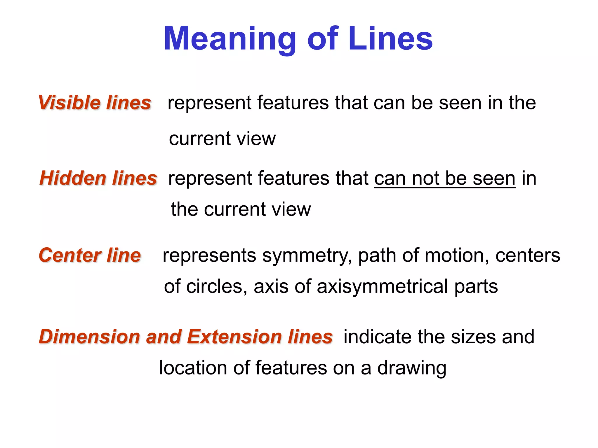 Visible lines represent features that can be seen in the
current view
Meaning of Lines
Hidden lines represent features that can not be seen in
the current view
Center line represents symmetry, path of motion, centers
of circles, axis of axisymmetrical parts
Dimension and Extension lines indicate the sizes and
location of features on a drawing
 