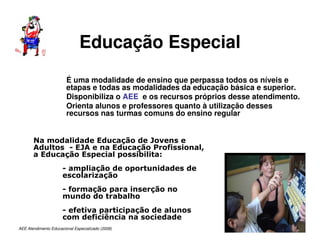 AEE Atendimento Educacional Especializado (2008)
Educação Especial
É uma modalidade de ensino que perpassa todos os níveis e
etapas e todas as modalidades da educação básica e superior.
Disponibiliza o AEE e os recursos próprios desse atendimento.
Orienta alunos e professores quanto à utilização desses
recursos nas turmas comuns do ensino regular
Na modalidade Educação de Jovens e
Adultos - EJA e na Educação Profissional,
a Educação Especial possibilita:
- ampliação de oportunidades de
escolarização
- formação para inserção no
mundo do trabalho
- efetiva participação de alunos
com deficiência na sociedade
 