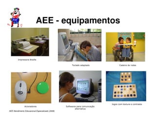 AEE Atendimento Educacional Especializado (2008)
Impressora Braille
Jogos com textura e contraste
Cadeira de rodas
Teclado adaptado
Softwares para comunicação
alternativa
Acionadores
AEE - equipamentos
 