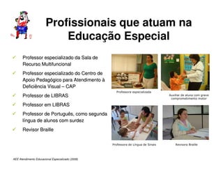 AEE Atendimento Educacional Especializado (2008)
Profissionais que atuam na
Educação Especial

 Professor especializado da Sala de
Professor especializado da Sala de
Recurso Multifuncional
Recurso Multifuncional

 Professor especializado do Centro de
Professor especializado do Centro de
Apoio Pedag
Apoio Pedagó
ógico para Atendimento
gico para Atendimento à
à
Deficiência Visual
Deficiência Visual –
– CAP
CAP

 Professor de LIBRAS
Professor de LIBRAS

 Professor em LIBRAS
Professor em LIBRAS

 Professor de Português, como segunda
Professor de Português, como segunda
l
lí
íngua de alunos com surdez
ngua de alunos com surdez

 Revisor Braille
Revisor Braille
Professora especializada
Professora de Língua de Sinais
Auxiliar de aluna com grave
comprometimento motor
Revisora Braille
 