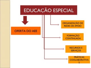 EDUCAÇÃO ESPECIAL
OFERTA DO AEE
ORGANIZAÇÃO DE
REDES DE APOIO
FORMAÇÃO
CONTINUADA
RECURSOS E
SERVIÇOS
PRÁTICAS
COOLABORATIVA
S
 