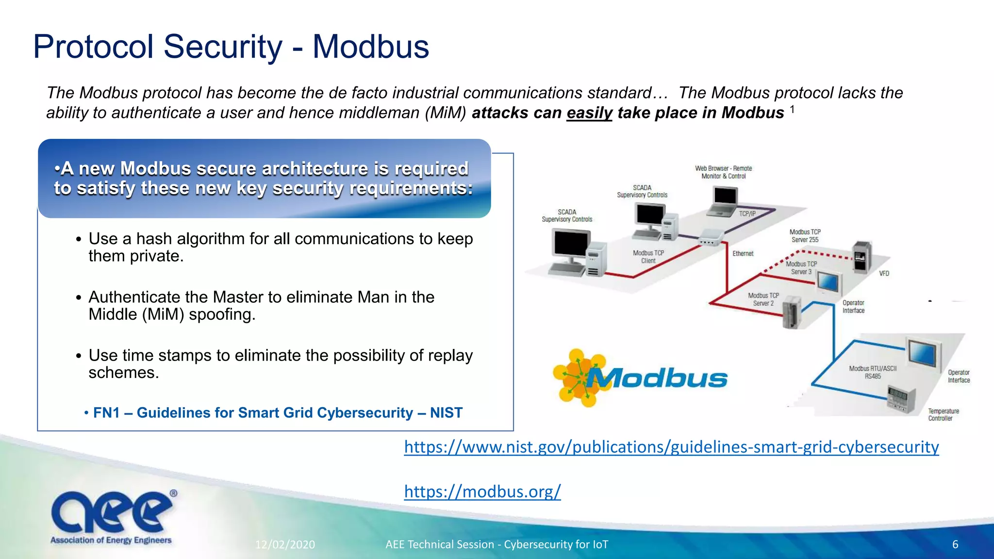 The Modbus protocol has become the de facto industrial communications standard… The Modbus protocol lacks the
ability to authenticate a user and hence middleman (MiM) attacks can easily take place in Modbus 1
Protocol Security - Modbus
• Use a hash algorithm for all communications to keep
them private.
• Authenticate the Master to eliminate Man in the
Middle (MiM) spoofing.
• Use time stamps to eliminate the possibility of replay
schemes.
• FN1 – Guidelines for Smart Grid Cybersecurity – NIST
•A new Modbus secure architecture is required
to satisfy these new key security requirements:
12/02/2020
https://www.nist.gov/publications/guidelines-smart-grid-cybersecurity
https://modbus.org/
AEE Technical Session - Cybersecurity for IoT 6
 