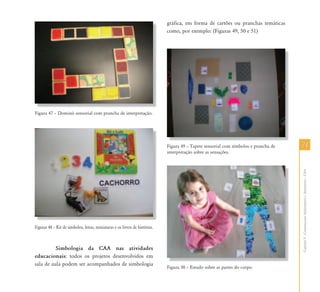 gráfica, em forma de cartões ou pranchas temáticas
                                                                             como, por exemplo: (Figuras 49, 50 e 51)




Figura 47 – Dominó sensorial com prancha de interpretação.




                                                                             Figura 49 – Tapete sensorial com símbolos e prancha de   71
                                                                             interpretação sobre as sensações.




                                                                                                                                      Capítulo V - Comunicação Aumentativa e Alternativa – CAA
Figuras 48 – Kit de símbolos, letras, miniaturas e os livros de histórias.



          Simbologia da CAA nas atividades
educacionais: todos os projetos desenvolvidos em
sala de aula podem ser acompanhados de simbologia
                                                                             Figura 50 – Estudo sobre as partes do corpo.
 