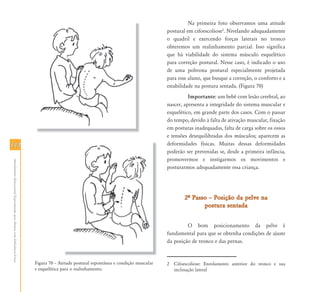 Na primeira foto observamos uma atitude
                                                                                                                                          postural em cifoescoliose2. Nivelando adequadamente
                                                                                                                                          o quadril e exercendo forças laterais no tronco
                                                                                                                                          obteremos um realinhamento parcial. Isso significa
                                                                                                                                          que há viabilidade do sistema músculo esquelético
                                                                                                                                          para correção postural. Nesse caso, é indicado o uso
                                                                                                                                          de uma poltrona postural especialmente projetada
                                                                                                                                          para esse aluno, que busque a correção, o conforto e a
                                                                                                                                          estabilidade na postura sentada. (Figura 70)
                                                                                                                                                    Importante: um bebê com lesão cerebral, ao
                                                                                                                                          nascer, apresenta a integridade do sistema muscular e
                                                                                                                                          esquelético, em grande parte dos casos. Com o passar
                                                                                                                                          do tempo, devido à falta de ativação muscular, fixação
                                                                                                                                          em posturas inadequadas, falta de carga sobre os ossos
                                                                                                                                          e tensões desequilibradas dos músculos; aparecem as
114                                                                                                                                       deformidades físicas. Muitas dessas deformidades
                                                                                                                                          poderão ser prevenidas se, desde a primeira infância,
                                                                                                                                          promovermos e instigarmos os movimentos e
 Atendimento Educacional Especializado para Alunos com Deficiência Física




                                                                                                                                          posturarmos adequadamente essa criança.




                                                                                                                                                  2… Passo – Posição da pelve na
                                                                                                                                                         postura sentada


                                                                                                                                                   O bom posicionamento da pelve é
                                                                                                                                          fundamental para que se obtenha condições de ajuste
                                                                                                                                          da posição de tronco e das pernas.


                                                                            Figura 70 – Atitude postural espontânea e condição muscular   2 Cifoescoliose: Enrolamento anterior do tronco e sua
                                                                            e esquelética para o realinhamento.                             inclinação lateral
 
