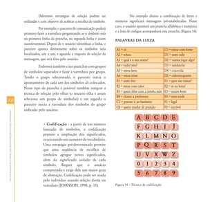 Diferentes estratégias de seleção podem ser                    No exemplo abaixo a combinação de letras e
                                                                           utilizadas e com objetivo de acelerar a escolha do símbolo.   números significará mensagens pré-estabelecidas. Nesse
                                                                                                                                         caso, o usuário apontará um prancha alfabética e numérica
                                                                                     Por exemplo: o parceiro de comunicação poderá
                                                                                                                                         e a lista de códigos acompanhará esta prancha. (Figura 54)
                                                                           primeiro fazer a varredura perguntando se o símbolo está
                                                                           na primeira linha da prancha, na segunda linha e assim        PALAVRAS DA LUIZA
                                                                           sucessivamente. Depois de o usuário identificar a linha, o
                                                                           parceiro aponta diretamente sobre os símbolos nela            A1 = oi                               C3 = estou com fome
                                                                           localizados, um a um, e aguarda a resposta de seleção da      A2 = tchau                            D1 = sinto sede
                                                                           mensagem, que será feita pelo usuário.                        A3 = qual é o seu nome?               D2 = vamos jogar algo?
                                                                                    Podemos também criar pranchas com grupos             A4 = tudo bem?                        D3 = sanduíche
                                                                           de símbolos separados e fazer a varredura por grupo.          A5 = estou bem                        D4 = coca-cola
                                                                           Tendo o grupo selecionado, o parceiro inicia o                A6 = estou triste                     D5 = cahorro-quente
                                                                           apontamento de cada um dos símbolos ali colocados.            B1 = sinto frio                       E1 = quer me visitar?
                                                                                                                                         B2 = estou com calor                  E2 = tá na hora!
                                                                           Nesse tipo de prancha é possível também integrar a
                                                                                                                                         B3 = quero falar com a minha mãe      E3 = muito bom
                                                                           técnica de seleção pelo olhar (o usuário olha e assim
                                                                                                                                         B4 = chame a professora               E4 = mais tarde
                                                                           seleciona um grupo de símbolos) e em seguida o
80                                                                                                                                       C1 = preciso ir ao banheiro           F1 = legal
                                                                           parceiro inicia a varredura dos símbolos do grupo
                                                                                                                                         C2 = quero mudar de posição           F2 = incrível
                                                                           indicado pelo usuário.
Atendimento Educacional Especializado para Alunos com Deficiência Física




                                                                                        • Codificação – a partir de um número
                                                                                        limitado de símbolos, a codificação
                                                                                        permite a ampliação dos significados,
                                                                                        ocasionando um aumento de vocabulário.
                                                                                        Uma estratégia pré-determinada permite
                                                                                        que uma seqüência de escolhas de
                                                                                        símbolos agregue novos significados,
                                                                                        além do significado isolado de cada
                                                                                        símbolo. Requer que o usuário
                                                                                        compreenda e exige dele um maior grau
                                                                                        de abstração. Codificação pode ser usada
                                                                                        pelo indivíduo usando seleção direta ou
                                                                                        varredura (JOHNSON, 1998, p. 15)                 Figura 54 – Técnica de codificação.
 