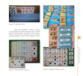 4949
CapítuloIV-Auxílioematividadesdevidadiária-
Materialescolarepedagógicoadaptado
Figura 20 – Suporte para cartas.
Jogos que estimulam a leitura e escrita:
confeccionados com cubos de madeira, letras em EVA
(lâmina emborrachada), tampinha de leite, figuras
impressas, papelão, contact e velcro. (Figuras 21 e 22)
Figura 21 – Jogo que estimula a leitura. Figura 22 – Jogos que estimulam a escrita.
i
Fi 21 J i l l i
 