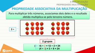 PROPRIEDADE ASSOCIATIVA DA MULTIPLICAÇÃO
Para multiplicar três números, associamos dois deles e o resultado
obtido multiplica-se pelo terceiro número.
2 grupos
3 ×
(3 × 4) × 2 = 12 × 2 = 24
3 × (4 × 2) = 3 × 8 = 24
A MULTIPLICAÇÃO
PROPRIEDADES MULTIPLICAÇÃO
 