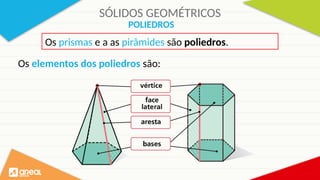 SÓLIDOS GEOMÉTRICOS
POLIEDROS
Os elementos dos poliedros são:
Os prismas e a as pirâmides são poliedros.
 