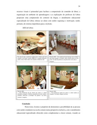 24

recursos visuais é primordial para facilitar a compreensão do conteúdo de libras; a
organização do ambiente de aprendizagem e as explicações do professor de Libras
propiciam uma compreensão do contexto da língua; o atendimento educacional
especializado de Libras oferece ao aluno com surdez segurança e motivação, sendo,
portanto, de extrema importância para a inclusão.

           AEE de Libras




 Na sala de aula, o professor explica para o aluno, que está     Sala de AEE. –Um professor de pé interage com os alunos
 sentado à sua frente, usando LIBRAS, as imagens dispostas       que estão sentados. Ao fundo, vários cartazes presos em um
 sobre a mesa. Outro aluno está sentado ao fundo da sala.        varal. Ao lado do professor, um porta-texto com cartaz e
                                                                 imagens.




 Sala de AEE.                                                    Sala de AEE.
  – Uma Professora de pé, mostra um cartaz e o aluno              – Uma professora segura um cartaz e o aluno explica as
 interpreta a imagem. À direita, um professor, de pé e alunos,   imagens. Ao fundo, imagens na lousa.
 sentados, observam a atividade. Na parede e na lousa,
 cartazes e imagens.                                             .
 .



          Conclusão
                Neste texto, tivemos o propósito de demonstrar a possibilidade de as pessoas
com surdez estudarem na escola comum numa perspectiva inclusiva, com o atendimento
educacional especializado oferecido como complementar a classe comum, visando ao
 