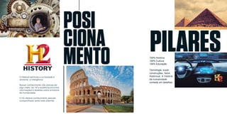 O History2 estimula a curiosidade e
alimenta a inteligência.
Buscar conhecimento não precisa ser
algo chato. No H2 a audiência encontra
informações e detalhes sobre a História
da Humanidade.
O H2 oferece conhecimento para ser
compartilhado entre toda afamília.
100% História.
100% Cultura.
100% Educação.
Tecnologia, super
construções, fatos
históricos. A história
da humanidade
contada em detalhes.
 