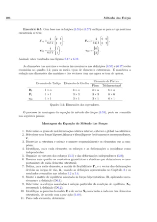 106 Método das Forças
Exercício 6.5. Com base nas deﬁnições (6.55) e (6.57) veriﬁque se para a viga contínua
encastrada se tem:
F∗1 =
4
6 E I
2 1
1 2
, F∗2 =
4
6 E I
0 0
0 2
,
v01 =
4
6 E I
1
1
, v02 =
0
2
.
Assinale estes resultados nas ﬁguras 6.17 a 6.19.
As dimensões das matrizes e vectores intervenientes nas deﬁnições (6.55) e (6.57) estão
resumidas no quadro 5.2, para os vários tipos de elementos estruturais. É manifesta a
redução nas dimensões das matrizes e dos vectores com que agora se tem de operar.
Elemento de Treliça Elemento de Grelha
Elemento de Pórtico
Plano Tridimensional
Bi 1 × α 3 × α 3 × α 6 × α
Fi 1 × 1 3 × 3 3 × 3 6 × 6
ui0 1 × 1 3 × 1 3 × 1 6 × 1
Quadro 5.2: Dimensões dos operadores.
O processo de montagem da equação do método das forças (6.34), pode ser resumido
nos seguintes passos:
Montagem da Equação do Método das Forças
1. Determine os graus de indeterminação estática interior, exterior e global da estrutura;
2. Seleccione as α forças hiperestáticas p e identiﬁque os deslocamentos correspondentes,
v;
3. Discretize a estrutura e oriente e numere sequencialmente os elementos que a com-
põem;
4. Identiﬁque, para cada elemento, os esforços e as deformações a considerar como
independentes;
5. Organize os vectores dos esforços (5.5) e das deformações independentes (5.9);
6. Resuma num quadro as constantes geométricas e elásticas que determinam o com-
portamento de cada elemento estrutural;
7. Deﬁna, para cada elemento, a matriz de ﬂexibilidade Fi, e o vector das deformações
devidas às cargas de vão, ui, usando as deﬁnições apresentadas no Capítulo 3 e os
resultados resumidos nas tabelas 3.2 a 3.4;
8. Monte a matriz de equilíbrio associada às forças hiperestáticas, B, aplicando suces-
sivamente a deﬁnição (D6.1);
9. Determine os esforços associados à solução particular da condição de equilíbrio, X0,
recorrendo à deﬁnição (D6.2);
10. Identiﬁque as parcelas da matriz B e do vector X0 associadas a cada um dos elementos
estruturais, de acordo com a partição (6.48);
11. Para cada elemento, determine:
 