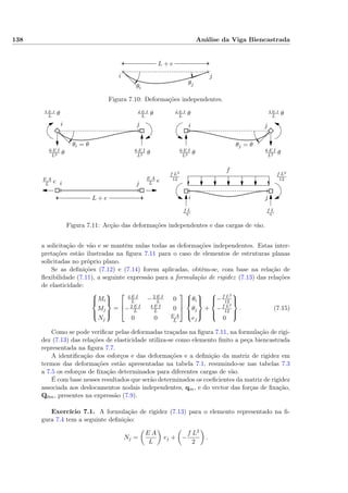138 Análise da Viga Biencastrada
L + e
θi
θj
i j
Figura 7.10: Deformações independentes.
i
i
i
i
j
j
j
j
L + e
4 E I
L θ4 E I
L θ 2 E I
L θ2 E I
L θ
θi = θ θj = θ
6 E I
L2 θ6 E I
L2 θ6 E I
L2 θ6 E I
L2 θ
E A
L eE A
L e
f L
2
f L
2
f
f L2
12
f L2
12
Figura 7.11: Acção das deformações independentes e das cargas de vão.
a solicitação de vão e se mantêm nulas todas as deformações independentes. Estas inter-
pretações estão ilustradas na ﬁgura 7.11 para o caso de elementos de estruturas planas
solicitadas no próprio plano.
Se as deﬁnições (7.12) e (7.14) forem aplicadas, obtém-se, com base na relação de
ﬂexibilidade (7.11), a seguinte expressão para a formulação de rigidez (7.13) das relações
de elasticidade:



Mi
Mj
Nj



=



4 E I
L −2 E I
L 0
−2 E I
L
4 E I
L 0
0 0 E A
L






θi
θj
ej



+



−f L2
12
−f L2
12
0



. (7.15)
Como se pode veriﬁcar pelas deformadas traçadas na ﬁgura 7.11, na formulação de rigi-
dez (7.13) das relações de elasticidade utiliza-se como elemento ﬁnito a peça biencastrada
representada na ﬁgura 7.7.
A identiﬁcação dos esforços e das deformações e a deﬁnição da matriz de rigidez em
termos das deformações estão apresentadas na tabela 7.1, resumindo-se nas tabelas 7.3
a 7.5 os esforços de ﬁxação determinados para diferentes cargas de vão.
É com base nesses resultados que serão determinados os coeﬁcientes da matriz de rigidez
associada aos deslocamentos nodais independentes, qm, e do vector das forças de ﬁxação,
Q0m, presentes na expressão (7.9).
Exercício 7.1. A formulação de rigidez (7.13) para o elemento representado na ﬁ-
gura 7.4 tem a seguinte deﬁnição:
Nj =
E A
L
ej + −
f L2
2
.
 
