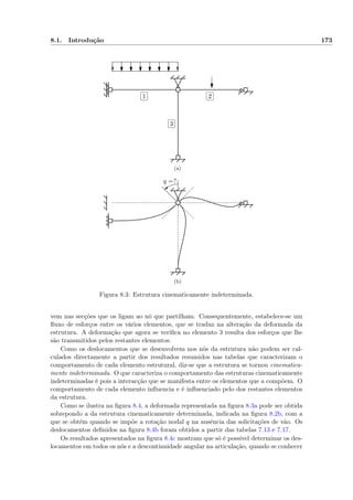8.1. Introdução 173
✄
✂
 
✁1
✄
✂
 
✁2
✄
✂
 
✁3
(a)
q =?
(b)
Figura 8.3: Estrutura cinematicamente indeterminada.
vem nas secções que os ligam ao nó que partilham. Consequentemente, estabelece-se um
ﬂuxo de esforços entre os vários elementos, que se traduz na alteração da deformada da
estrutura. A deformação que agora se veriﬁca no elemento 3 resulta dos esforços que lhe
são transmitidos pelos restantes elementos.
Como os deslocamentos que se desenvolvem nos nós da estrutura não podem ser cal-
culados directamente a partir dos resultados resumidos nas tabelas que caracterizam o
comportamento de cada elemento estrutural, diz-se que a estrutura se tornou cinematica-
mente indeterminada. O que caracteriza o comportamento das estruturas cinematicamente
indeterminadas é pois a interacção que se manifesta entre os elementos que a compõem. O
comportamento de cada elemento inﬂuencia e é inﬂuenciado pelo dos restantes elementos
da estrutura.
Como se ilustra na ﬁgura 8.4, a deformada representada na ﬁgura 8.3a pode ser obtida
sobrepondo a da estrutura cinematicamente determinada, indicada na ﬁgura 8.2b, com a
que se obtém quando se impõe a rotação nodal q na ausência das solicitações de vão. Os
deslocamentos deﬁnidos na ﬁgura 8.4b foram obtidos a partir das tabelas 7.13 e 7.17.
Os resultados apresentados na ﬁgura 8.4c mostram que só é possível determinar os des-
locamentos em todos os nós e a descontinuidade angular na articulação, quando se conhecer
 