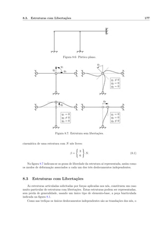 8.3. Estruturas com Libertações 177
Figura 8.6: Pórtico plano.
q1
q1
q2
q2
q3
q3
q1 = 0
q2 = 0
q3 = 0
q1 = 0
q2 = 0
q3 = 0
q1 = 0
q2 = 0
q3 = 0
Figura 8.7: Estrutura sem libertações.
cinemática de uma estrutura com N nós livres:
β =
3
6
N. (8.1)
Na ﬁgura 8.7 indicam-se os graus de liberdade da estrutura aí representada, assim como
os modos de deformação associados a cada um dos três deslocamentos independentes.
8.3 Estruturas com Libertações
As estruturas articuladas solicitadas por forças aplicadas nos nós, constituem um caso
muito particular de estruturas com libertações. Estas estruturas podem ser representadas,
sem perda de generalidade, usando um único tipo de elemento-base, a peça biarticulada
indicada na ﬁgura 8.1.
Como nas treliças os únicos deslocamentos independentes são as translações dos nós, o
 