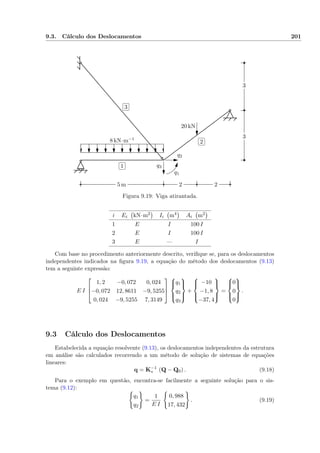 9.3. Cálculo dos Deslocamentos 201
q1
q2
q3
8 kN·m−1
20 kN
5 m 22
3
3
✄
✂
 
✁1
✄
✂
 
✁2
✄
✂
 
✁3
Figura 9.19: Viga atirantada.
i Ei kN·m2 Ii m4 Ai m2
1 E I 100 I
2 E I 100 I
3 E — I
Com base no procedimento anteriormente descrito, veriﬁque se, para os deslocamentos
independentes indicados na ﬁgura 9.19, a equação do método dos deslocamentos (9.13)
tem a seguinte expressão:
E I



1, 2 −0, 072 0, 024
−0, 072 12, 8611 −9, 5255
0, 024 −9, 5255 7, 3149






q1
q2
q3



+



−10
−1, 8
−37, 4



=



0
0
0



.
9.3 Cálculo dos Deslocamentos
Estabelecida a equação resolvente (9.13), os deslocamentos independentes da estrutura
em análise são calculados recorrendo a um método de solução de sistemas de equações
lineares:
q = K−1
∗ (Q − Q0) . (9.18)
Para o exemplo em questão, encontra-se facilmente a seguinte solução para o sis-
tema (9.12):
q1
q2
=
1
E I
0, 988
17, 432
. (9.19)
 
