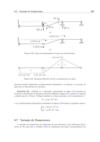 9.7. Variação de Temperatura 207
6 E I
42 ∆
6 E I
42 ∆ 12 E I
L3 ∆
12 E I
L3 ∆
∆
(a)
0, 375 E I ∆
0, 375 E I ∆
0, 375 E I ∆
(b)
Figura 9.23: Acção de assentamento de apoio na estrutura-base.
3, 75 · 10−3 E I3, 75 · 10−3 E I
6, 0 · 10−3 E I
⊖⊖
⊕⊕
Figura 9.24: Momentos ﬂectores devido a assentamento de apoio.
descritos permite determinar os deslocamentos dependentes, os esforços e as reacções de
apoio que se desenvolvem na estrutura.
Exercício 9.6. Veriﬁque se a solicitação representada na ﬁgura 9.22 introduz na
estrutura a distribuição de momentos ﬂectores deﬁnida na ﬁgura 9.24, quando se continua
a admitir que ∆ = 54 mm. Veriﬁque também se a força associada a este assentamento é,
P = 2, 44 · 10−3
E I,
e se os deslocamentos dependentes assinalados na ﬁgura 9.20 tomam os seguintes valores:
d1 = 85, 25 · 10−3
m,
d2 = 4, 00 · 10−3
rad.
9.7 Variação de Temperatura
A variação da temperatura nos elementos de uma estrutura é uma solicitação tipica-
mente de vão, pelo que a condição (9.26) de anulamento das forças correspondentes aos
 