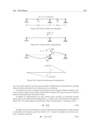 9.9. Pré-esforço 211
E, I, A = constante
15 m 10 m
✄
✂
 
✁1
✄
✂
 
✁2
Figura 9.30: Viga contínua pré-esforçada.
q, Q = 0
Figura 9.31: Deslocamento independente.
+
−
3 E I
15
3 E I
10
q = 1
0, 3 E I
0, 2 E I
Figura 9.32: Acção do deslocamento independente.
que é necessário aplicar à estrutura para impedir os deslocamentos independentes causados
pelo pré-esforço introduzido nos elementos que a constituem.
Considere-se de novo o exemplo da viga contínua pré-esforçada, deﬁnido na ﬁgura 6.39.
Como se pode veriﬁcar pelo modelo representado na ﬁgura 9.30, esta estrutura é estatica-
mente determinada para solicitações axiais.
A análise do comportamento da viga à ﬂexão pode, portanto, ser realizada conside-
rando apenas um deslocamento independente, a rotação q do nó intermédio assinalado na
ﬁgura 9.31. Na mesma ﬁgura está indicada a força correspondente, o momento nodal
Q = 0 . (9.30)
Na ﬁgura 9.32 está representada a acção do deslocamento independente, tendo as forças
aí indicadas sido obtidas a partir da tabela 7.13. A matriz de rigidez da estrutura tem,
pois, a seguinte expressão:
K∗ = 0, 5 E I . (9.31)
 