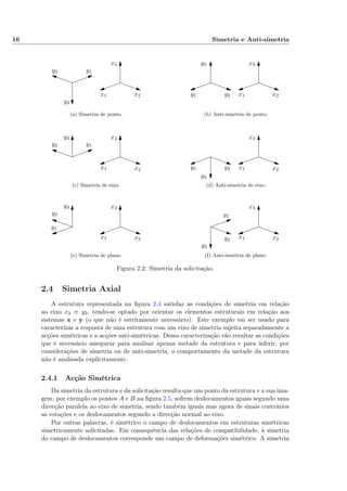 16 Simetria e Anti-simetria
x1
x1
x1
x1
x1x1
x2
x2
x2
x2
x2x2
x3
x3
x3
x3
x3x3
y1
y1
y1
y1
y1
y1
y2
y2
y2
y2
y2
y2
y3
y3
y3
y3
y3
y3
(a) Simetria de ponto. (b) Anti-simetria de ponto.
(c) Simetria de eixo. (d) Anti-simetria de eixo.
(e) Simetria de plano. (f) Anti-simetria de plano.
Figura 2.2: Simetria da solicitação.
2.4 Simetria Axial
A estrutura representada na ﬁgura 2.4 satisfaz as condições de simetria em relação
ao eixo x3 ≡ y3, tendo-se optado por orientar os elementos estruturais em relação aos
sistemas x e y (o que não é estritamente necessário). Este exemplo vai ser usado para
caracterizar a resposta de uma estrutura com um eixo de simetria sujeita separadamente a
acções simétricas e a acções anti-simétricas. Dessa caracterização vão resultar as condições
que é necessário assegurar para analisar apenas metade da estrutura e para inferir, por
considerações de simetria ou de anti-simetria, o comportamento da metade da estrutura
não é analisada explicitamente.
2.4.1 Acção Simétrica
Da simetria da estrutura e da solicitação resulta que um ponto da estrutura e a sua ima-
gem, por exemplo os pontos A e B na ﬁgura 2.5, sofrem deslocamentos iguais segundo uma
direcção paralela ao eixo de simetria, sendo também iguais mas agora de sinais contrários
as rotações e os deslocamentos segundo a direcção normal ao eixo.
Por outras palavras, é simétrico o campo de deslocamentos em estruturas simétricas
simetricamente solicitadas. Em consequência das relações de compatibilidade, à simetria
do campo de deslocamentos corresponde um campo de deformações simétrico. A simetria
 
