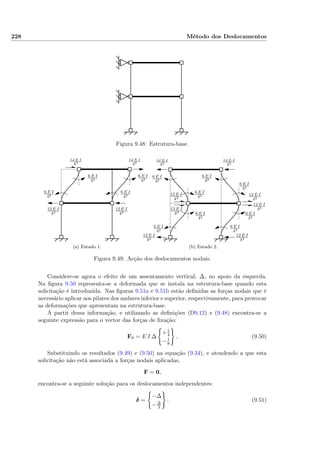 228 Método dos Deslocamentos
Figura 9.48: Estrutura-base.
6 E I
42
6 E I
42
6 E I
42
6 E I
42
12 E I
43
12 E I
43
12 E I
43
12 E I
43
(a) Estado 1.
6 E I
42
6 E I
42
6 E I
42
6 E I
42
6 E I
42
6 E I
42
6 E I
42
6 E I
42
12 E I
43
12 E I
43
12 E I
43
12 E I
43
12 E I
43
12 E I
43
12 E I
43
12 E I
43
(b) Estado 2.
Figura 9.49: Acção dos deslocamentos nodais.
Considere-se agora o efeito de um assentamento vertical, ∆, no apoio da esquerda.
Na ﬁgura 9.50 representa-se a deformada que se instala na estrutura-base quando esta
solicitação é introduzida. Nas ﬁguras 9.51a e 9.51b estão deﬁnidas as forças nodais que é
necessário aplicar aos pilares dos andares inferior e superior, respectivamente, para provocar
as deformações que apresentam na estrutura-base.
A partir dessa informação, e utilizando as deﬁnições (D9.12) e (9.48) encontra-se a
seguinte expressão para o vector das forças de ﬁxação:
F0 = E I ∆
+1
4
−1
8
. (9.50)
Substituindo os resultados (9.49) e (9.50) na equação (9.34), e atendendo a que esta
solicitação não está associada a forças nodais aplicadas,
F = 0,
encontra-se a seguinte solução para os deslocamentos independentes:
δ =
−∆
−∆
3
. (9.51)
 