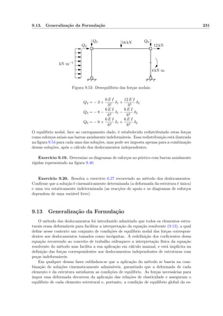 9.13. Generalização da Formulação 231
2 kN·m−1
16 kN
12 kN
4 kN·m
Q2
Q3 Q6
Figura 9.53: Desequilíbrio das forças nodais.
Q2 = − 3 +
6 E I
32
δ1 +
12 E I
33
δ3
Q3 = − 8 −
6 E I
62
δ1 −
6 E I
62
δ2
Q6 = − 8 +
6 E I
62
δ1 +
6 E I
62
δ2
O equilíbrio nodal, face ao carregamento dado, é estabelecido redistribuindo estas forças
como esforços axiais nas barras axialmente indeformáveis. Essa redistribuição está ilustrada
na ﬁgura 9.54 para cada uma das soluções, mas pode ser imposta apenas para a combinação
dessas soluções, após o cálculo dos deslocamentos independentes.
Exercício 9.19. Determine os diagramas de esforços no pórtico com barras axialmente
rígidas representado na ﬁgura 9.40.
Exercício 9.20. Resolva o exercício 6.27 recorrendo ao método dos deslocamentos.
Conﬁrme que a solução é cinematicamente determinada (a deformada da estrutura é única)
e uma vez estaticamente indeterminada (as reacções de apoio e os diagramas de esforços
dependem de uma variável livre).
9.13 Generalização da Formulação
O método dos deslocamentos foi introduzido admitindo que todos os elementos estru-
turais eram deformáveis para facilitar a interpretação da equação resolvente (9.13), a qual
deﬁne nesse contexto um conjunto de condições de equilíbrio nodal das forças correspon-
dentes aos deslocamentos tomados como incógnitas. A redeﬁnição dos coeﬁcientes dessa
equação recorrendo ao conceito de trabalho enfraquece a interpretação física da equação
resolvente do método mas facilita a sua aplicação em cálculo manual, e está implícita na
deﬁnição das forças correspondentes aos deslocamentos independentes de estruturas com
peças indeformáveis.
Em qualquer dessas fases sublinhou-se que a aplicação do método se baseia na com-
binação de soluções cinematicamente admissíveis, garantindo que a deformada de cada
elemento e da estrutura satisfazem as condições de equilíbrio. As forças necessárias para
impor essa deformada decorrem da aplicação das relações de elasticidade e asseguram o
equilíbrio de cada elemento estrutural e, portanto, a condição de equilíbrio global da es-
 