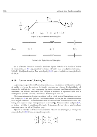 238 Método dos Deslocamentos
ρ1 L ρ2 L
ρ3 L
ρ4 L
ηk L (1 − ηk) L
i j
Figura 9.58: Barra com troços rígidos.
Índices 1 e 4 2 e 5 3 e 6
Figura 9.59: Aparelhos de libertação.
Se se pretender simular a existência de modos rígidos continua-se a recorrer à matriz
de compatibilidade (9.64a) para extrair os termos relevantes para a condição de indeforma-
bilidade, deﬁnida pela matriz ArN na deﬁnição (9.61) para a condição de compatibilidade
da barra.
9.18 Barras com Libertações
A presença de aparelhos de libertação perfeitos pode ser simulada modiﬁcando a matriz
de rigidez e o vector dos esforços de ﬁxação presentes nas relações de elasticidade, tal
como se fez no Capítulo 7 para representar barras articuladas e com libertações de esforço
transverso. O processo alternativo que a seguir se apresenta é equivalente mas tem a
vantagem de permitir também a modelação de libertações elásticas.
No contexto das peças de pórticos planos, podem existir as três libertações representa-
das na ﬁgura 9.59, ou uma qualquer combinação dessas libertações, em qualquer uma das
duas secções extremas. Os deslocamentos relativos nessas libertações são reunidos no vec-
tor qL e os pares de forças correspondentes no vector QL. Como se indica na ﬁgura 9.59,
os índices 1 a 3 (4 a 6) identiﬁcam libertações de momento ﬂector, esforço axial e esforço
transverso na secção inicial (ﬁnal) da peça.
Quando se introduz o efeito dos deslocamentos relativos nas libertações, a condição de
compatibilidade (9.61) toma a seguinte expressão,



u
δ
ur



=



AuN AuL
AδN AδL
ArN ArL



qN
qL
(9.65)
 