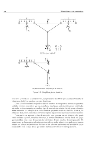 20 Simetria e Anti-simetria
p p
F
R1 R2
H
M
R1 = R2
M = 0
H = 0
(a) Estrutura original.
p
F
2
A
2
(b) Estrutura após simpliﬁcação de simetria.
Figura 2.7: Simpliﬁcação de simetria.
esse eixo. O resultado é, naturalmente, complementar do obtido para o comportamento de
estruturas simétricas sujeitas a acções simétricas.
Como os deslocamentos segundo o eixo de simetria de um ponto e da sua imagem têm
sentidos opostos, conclui-se que em estruturas simétricas anti-simetricamente solicitadas
são nulos os deslocamentos segundo o eixo de simetria em pontos da estrutura existentes
sobre esse eixo. As rotações e os deslocamentos perpendiculares ao eixo são livres se, na
estrutura dada, esses pontos não estiverem sujeitos ligações que impeçam esses movimentos.
Como as forças segundo o eixo de simetria, num ponto e na sua imagem, são iguais
e têm sentidos opostos, são nulas as forças, e portanto também o esforço axial, em peças
que coincidam com o eixo de simetria da estrutura e de anti-simetria do carregamento. Os
momentos e as forças perpendiculares podem não ser nulos sobre o eixo, pelo que o mesmo
sucede em relação aos momentos ﬂectores e aos esforços transversos em secções de peças
coincidentes com o eixo, desde que aí não existem as libertações correspondentes.
 