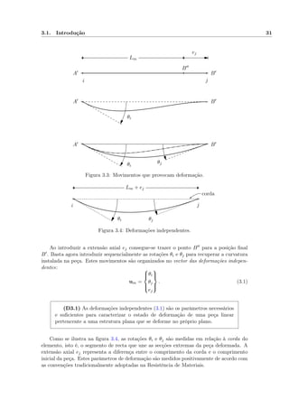 3.1. Introdução 31
A′
A′
A′
B′
B′
B′
B′′
i j
Lm
θi
θi
θj
ej
Figura 3.3: Movimentos que provocam deformação.
i j
Lm + ej
θi θj
corda
Figura 3.4: Deformações independentes.
Ao introduzir a extensão axial ej consegue-se trazer o ponto B para a posição ﬁnal
B . Basta agora introduzir sequencialmente as rotações θi e θj para recuperar a curvatura
instalada na peça. Estes movimentos são organizados no vector das deformações indepen-
dentes:
um =



θi
θj
ej



. (3.1)
(D3.1) As deformações independentes (3.1) são os parâmetros necessários
e suﬁcientes para caracterizar o estado de deformação de uma peça linear
pertencente a uma estrutura plana que se deforme no próprio plano.
Como se ilustra na ﬁgura 3.4, as rotações θi e θj são medidas em relação à corda do
elemento, isto é, o segmento de recta que une as secções extremas da peça deformada. A
extensão axial ej representa a diferença entre o comprimento da corda e o comprimento
inicial da peça. Estes parâmetros de deformação são medidos positivamente de acordo com
as convenções tradicionalmente adoptadas na Resistência de Materiais.
 