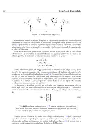 32 Relações de Elasticidade
i j
Lm
Ni Nj
Vi Vj
Mi Mj
q
1
2
3
m
Figura 3.5: Diagrama de corpo livre.
Considere-se agora o problema de deﬁnir os parâmetros necessários e suﬁcientes para
caracterizar o campo de esforços que se desenvolve numa peça linear. Como se ilustra na
ﬁgura 3.5 para manter a barra em equilíbrio depois de destacada da estrutura, é necessário
aplicar nas secções de corte, as secções extremas i e j, as forças correspondentes ao conjunto
de esforços libertados.
Entre todas as forças aplicadas ao elemento, apenas as cargas de vão, q, têm valores
determinados. As seis forças de extremidade não são a priori conhecidas, sabendo-se no
entanto que têm de satisfazer as três condições de equilíbrio no plano:
Ni =Nj + Q1
Vi =Vj + Q2
Vj = (Mj − Mi + Q3) /L.
Nestas expressões gerais, Q1 e Q2 representam as resultantes das forças de vão q nas
direcções 1 e 2, respectivamente, e Q3 o momento resultante calculado na extremidade i, de
acordo com o referencial local indicado na ﬁgura 3.5. Estas condições de equilíbrio mostram
que só três das seis forças de extremidade são linearmente independentes. Por outras
palavras, se se conhecerem três forças de extremidade, que não incluam simultaneamente
os pares Ni e Nj ou Vi e Vj, torna-se possível calcular todas as outras, e portanto também
os esforços em qualquer secção intermédia.
As forças de extremidade que vão ser utilizadas para descrever o campo de esforços
numa peça linear são as correspondentes às deformações independentes (3.1), nomeada-
mente os momentos ﬂectores nas secções extremas, Mi e Mj, e o esforço axial na secção j,
Nj:
Xm =



Mi
Mj
Nj



. (3.2)
(D3.2) Os esforços independentes (3.2) são os parâmetros necessários e
suﬁcientes para caracterizar o estado de tensão numa peça linear pertencente
a uma estrutura plana solicitada no próprio plano.
Note-se que os elementos do vector dos esforços independentes (3.2) são arrumados
segundo a sequência adoptada para organizar as deformações correspondentes (3.1). Estes
esforços são medidos positivamente no sentido indicado na ﬁgura 3.5 de acordo com a
convenção tradicionalmente adoptada na Resistência de Materiais.
 