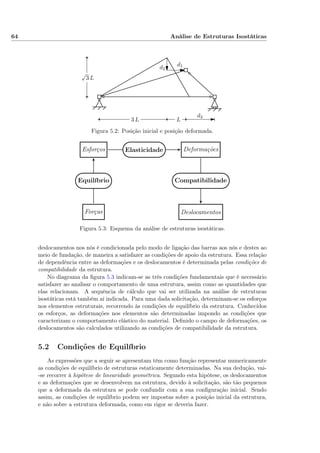 64 Análise de Estruturas Isostáticas
d1d2
d3
√
3 L
3 L L
Figura 5.2: Posição inicial e posição deformada.
Forças
Equilíbrio
Esforços Elasticidade Deformações
Compatibilidade
Deslocamentos
Figura 5.3: Esquema da análise de estruturas isostáticas.
deslocamentos nos nós é condicionada pelo modo de ligação das barras aos nós e destes ao
meio de fundação, de maneira a satisfazer as condições de apoio da estrutura. Essa relação
de dependência entre as deformações e os deslocamentos é determinada pelas condições de
compatibilidade da estrutura.
No diagrama da ﬁgura 5.3 indicam-se as três condições fundamentais que é necessário
satisfazer ao analisar o comportamento de uma estrutura, assim como as quantidades que
elas relacionam. A sequência de cálculo que vai ser utilizada na análise de estruturas
isostáticas está também aí indicada. Para uma dada solicitação, determinam-se os esforços
nos elementos estruturais, recorrendo às condições de equilíbrio da estrutura. Conhecidos
os esforços, as deformações nos elementos são determinadas impondo as condições que
caracterizam o comportamento elástico do material. Deﬁnido o campo de deformações, os
deslocamentos são calculados utilizando as condições de compatibilidade da estrutura.
5.2 Condições de Equilíbrio
As expressões que a seguir se apresentam têm como função representar numericamente
as condições de equilíbrio de estruturas estaticamente determinadas. Na sua dedução, vai-
-se recorrer à hipótese de linearidade geométrica. Segundo esta hipótese, os deslocamentos
e as deformações que se desenvolvem na estrutura, devido à solicitação, são tão pequenos
que a deformada da estrutura se pode confundir com a sua conﬁguração inicial. Sendo
assim, as condições de equilíbrio podem ser impostas sobre a posição inicial da estrutura,
e não sobre a estrutura deformada, como em rigor se deveria fazer.
 