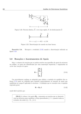 82 Análise de Estruturas Isostáticas
L
d
d′ d
d
′
2 θ
θ
Figura 5.22: Parcela elástica, d , e de corpo rígido, d , do deslocamento d.
fd′
a L (1 − a) L
Figura 5.23: Discretização da consola em duas barras.
Exercício 5.8. Recupere o resultado (5.30) usando a discretização indicada na
ﬁgura 5.23.
5.8 Reacções e Assentamentos de Apoio
Seja r o número de reacções que se podem resolver nos aparelhos de apoio da estrutura
em análise, as quais são identiﬁcadas por uma numeração sequencial, e organizadas no
vector das reacções de apoio:
R =



R1
R2
...
Rr



. (5.31)
Um procedimento análogo ao adoptado para deﬁnir a condição de equilíbrio dos es-
forços (5.3) pode ser utilizado para exprimir matricialmente as reacções de apoio que
equilibram as cargas f aplicadas à estrutura. A deﬁnição que se encontra tem a seguinte
expressão geral,
R = B0r f, (5.32)
sendo fácil concluir que:
(D5.3) A coluna i da matriz B0r, representa as reacções que se desenvol-
vem na estrutura para equilibrar a força generalizada fi = 1, quando todas as
restantes são nulas (fj = 0, j = i).
 