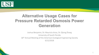 Alternative Usage Cases for
Pressure Retarded Osmosis Power
Generation
Joshua Benjamin, Dr. Mauricio Arias, Dr. Qiong Zhang
University of South Florida
18th Annual Meeting of the American Ecological Engineering Society
6/12/2018
1
 