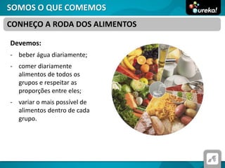 SOMOS O QUE COMEMOS
Devemos:
- beber água diariamente;
- comer diariamente
alimentos de todos os
grupos e respeitar as
proporções entre eles;
- variar o mais possível de
alimentos dentro de cada
grupo.
CONHEÇO A RODA DOS ALIMENTOS
 