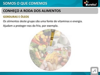 SOMOS O QUE COMEMOS
GORDURAS E ÓLEOS
Os alimentos deste grupo são uma fonte de vitaminas e energia.
Ajudam a proteger-nos do frio, por exemplo.
CONHEÇO A RODA DOS ALIMENTOS
 