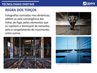 REGRA DOS TERÇOS
Fotografias centradas mas dinâmicas,
obtêm-se pela convergência das
linhas de fuga, pelos elementos que
se repetem e diminuem de tamanho,
pelo o congelamento do movimento,
entre outros.
Fábrica, Peter H por Pixabay
Arquitetura-1, Michael Gaida por Pixabay
Christine
Sponchia
por
Pixabay
 