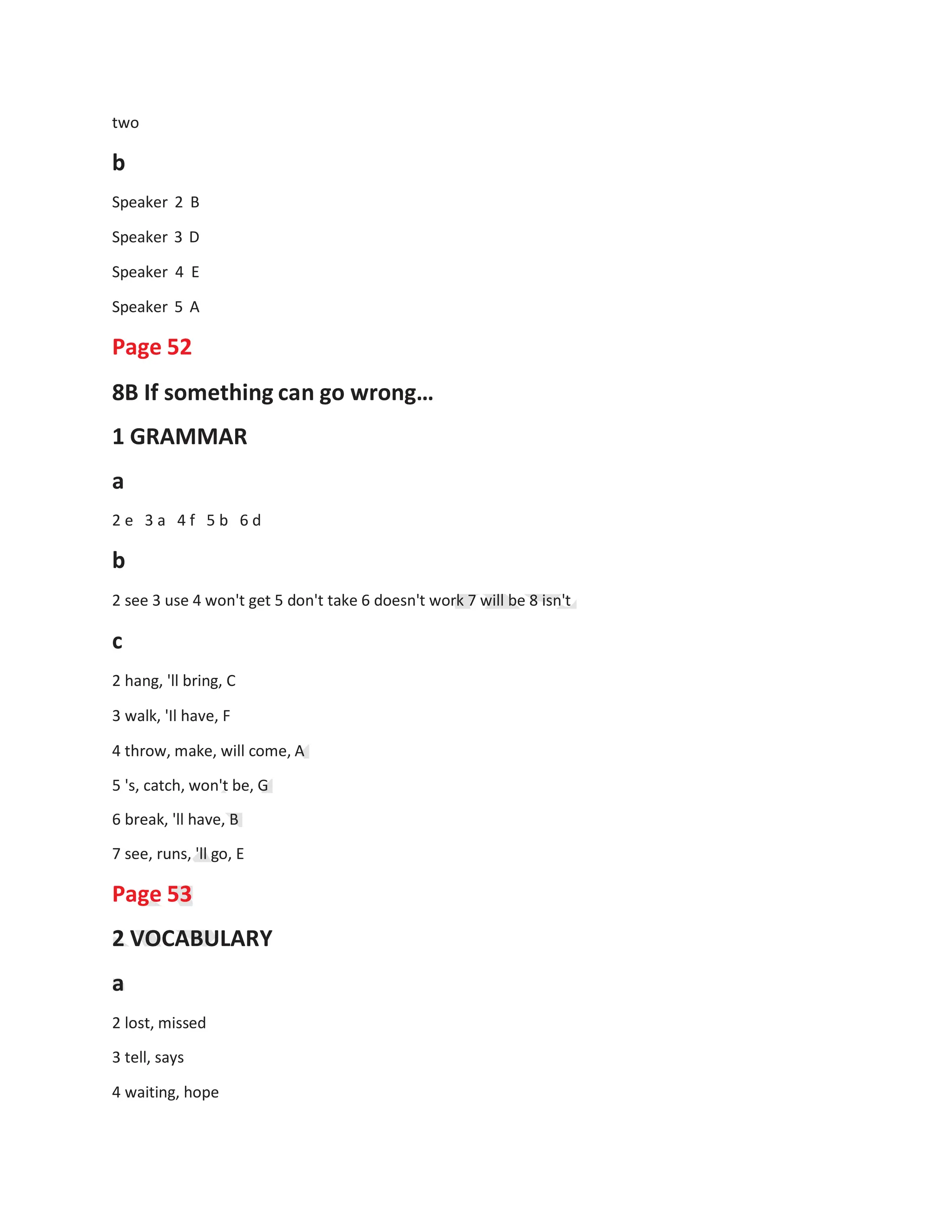 two
b
Speaker 2 B
Speaker 3 D
Speaker 4 E
Speaker 5 A
Page 52
8B If something can go wrong…
1 GRAMMAR
a
2 e 3 a 4 f 5 b 6 d
b
2 see 3 use 4 won't get 5 don't take 6 doesn't work 7 will be 8 isn't
c
2 hang, 'll bring, C
3 walk, 'Il have, F
4 throw, make, will come, A
5 's, catch, won't be, G
6 break, 'll have, B
7 see, runs, 'll go, E
Page 53
2 VOCABULARY
a
2 lost, missed
3 tell, says
4 waiting, hope
 