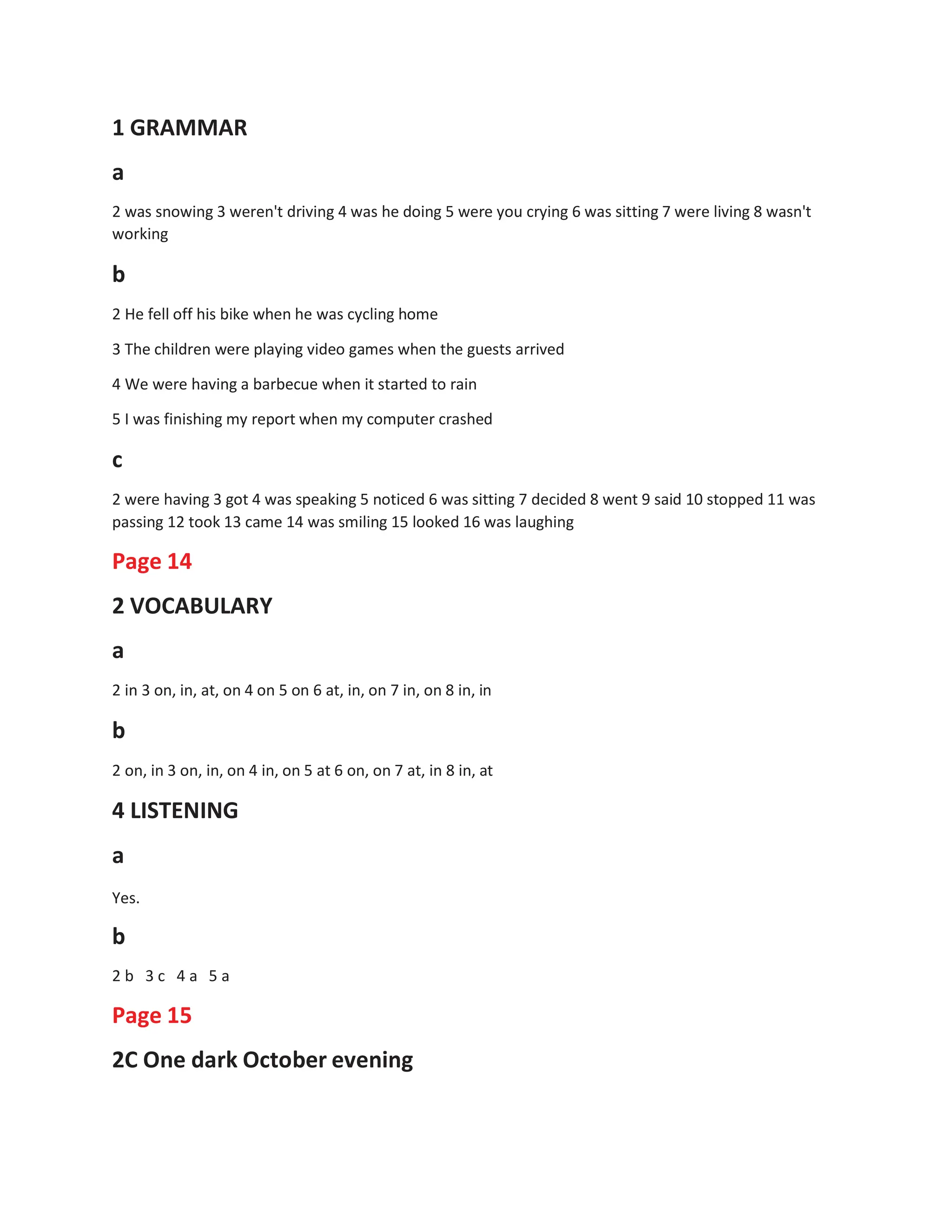1 GRAMMAR
a
2 was snowing 3 weren't driving 4 was he doing 5 were you crying 6 was sitting 7 were living 8 wasn't
working
b
2 He fell off his bike when he was cycling home
3 The children were playing video games when the guests arrived
4 We were having a barbecue when it started to rain
5 I was finishing my report when my computer crashed
c
2 were having 3 got 4 was speaking 5 noticed 6 was sitting 7 decided 8 went 9 said 10 stopped 11 was
passing 12 took 13 came 14 was smiling 15 looked 16 was laughing
Page 14
2 VOCABULARY
a
2 in 3 on, in, at, on 4 on 5 on 6 at, in, on 7 in, on 8 in, in
b
2 on, in 3 on, in, on 4 in, on 5 at 6 on, on 7 at, in 8 in, at
4 LISTENING
a
Yes.
b
2 b 3 c 4 a 5 a
Page 15
2C One dark October evening
 