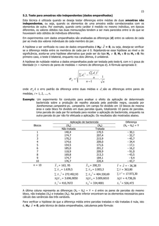 15
5.2. Teste para amostras não independentes (dados emparelhados)
Esta técnica é utilizada quando se deseja testar diferenças entre médias de duas amostras não
independentes, ou seja, quando os elementos de uma amostra estão correlacionados com os
elementos de outra. Por exemplo, quando certo caráter é medido no mesmo indivíduo, em épocas
diferentes, os valores obtidos nas duas mensurações tendem a ser mais parecidos entre si do que se
houvessem sido obtidos de indivíduos diferentes.
Em experimentos com dados emparelhados são analisadas as diferenças (d) entre os valores de cada
par ao invés dos valores individuais de cada membro do par.
A hipótese a ser verificada no caso de dados emparelhados é H0: d = 0, ou seja, deseja-se verificar
se a diferença média entre os membros de cada par é 0. Rejeitando-se essa hipótese ao nível α de
significância, aceita-se uma hipótese alternativa que pode ser do tipo H1 ≠ 0, H1 <<<< 0 ou H1 >>>> 0. No
primeiro caso, o teste é bilateral, enquanto nos dois últimos, é unilateral.
A hipótese de nulidade relativa a dados emparelhados pode ser testada pelo teste t, com n-1 graus de
liberdade (n = número de pares de medidas = número de diferenças d). A fórmula apropriada é:
nn
n
d
d i
i
d
1
.
1
)( 2
2
−
∑
−∑
=σ
onde d
σ é o erro padrão da diferença entre duas médias e id são as diferenças entre pares de
medidas, i = 1, 2, ..., n.
Exemplo: Um experimento foi conduzido para analisar o efeito da aplicação de determinado
bactericida sobre a produção de repolho atacada pela podridão negra, causada por
Xanthomonas campestris pv. campestris. Um campo foi dividido em 10 blocos de mesma
área e cada bloco foi dividido em duas parcelas iguais, totalizando 10 pares de parcelas.
Uma parcela de cada par foi sorteada para receber a aplicação do bactericida, enquanto na
outra parcela do par não foi efetuada a aplicação. Os resultados são mostrados abaixo.
Aplicação de bactericida Diferença
Blocos (XA) (XB) (XA – XB) = Y
Não tratada Tratada
1 140,4 170,5 - 30,1
2 174,7 207,4 - 32,7
3 170,2 215,9 - 45,7
4 174,6 209,0 - 34,4
5 154,5 171,6 - 17,1
6 185,0 201,2 - 16,2
7 118,9 209,9 - 91,0
8 169,8 213,3 - 43,5
9 174,7 184,1 - 9,4
10 176,7 220,4 - 43,7
n = 10 AX = 163, 95
AX∑ = 1.639,5
2
AX∑ = 272.492,93
ASQX = 3.696,9050
2
AS = 410,7672
BX = 200,33
BX∑ = 2.003,3
2
BX∑ = 404.330,69
BSQX = 3.009,6010
2
BS = 334,4001
Y = d = - 36,38
Y∑ = 363,80
2
Y∑ = 17.973,30
SQY = 4.738,26
2
YS = 526,473
A última coluna representa as diferenças (XA – XB) = Y = d entre os pares de parcelas do mesmo
bloco, não tratadas (XA) e tratadas (XB). Na parte inferior encontram-se os elementos necessários para
cálculo das variâncias das três variáveis.
Para verificar a hipótese de que a diferença média entre parcelas tratadas e não tratadas é nula, isto
é, H0: d = 0, pela técnica de dados emparelhados, calculamos pela fórmula:
 
