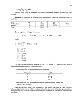 29
resQM
nn
q )
11
(
2
1
21
+=∆
Todavia, nesse caso, os resultados são apenas aproximados, devendo ser encarados com
reserva.
Exemplo: Os resultados de um experimento apresentaram o seguinte quadro de análise de
variância:
F.V. GL SQ QM F
Tratamentos 3 1.636,5 545,5 5,41
Resíduo 20 2.018,8 100,9
Total 23 3.655,3
Com as seguintes médias por tratamento:
1721 =x 1852 =x 1763 =x 1624 =x n = 6
Então:
2,161,496,3
6
9,100
96,3 ===∆ x
13][ 21 =− xx
4][ 31 =− xx
10][ 41 =− xx
9][ 32 =− xx
23][ 42 =− xx
14][ 43 =− xx
Dos seis contrastes existentes, somente 23][ 42 =− xx excede 16,2, sendo portanto, a única
diferença estatística significativa ao nível estipulado.
Os resultados podem ser apresentados da seguinte forma:
Tratamento Média
2 185 a
3 176 ab
1 172 ab
4 162 b
*Médias seguidas pela mesma letra não diferem significativamente entre si pelo
teste de Tukey (P=0,05).
Pode ocorrer que o teste F seja significativo e não detecte pelo teste de Tukey nenhuma
diferença significativa entre as médias dos tratamentos. Isso ocorre em virtude do rigor desse teste,
bem como pelo fato da utilização de um único valor para julgar todas as comparações possíveis entre
as médias.
 
