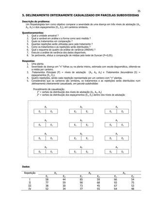 35
5. DELINEAMENTO INTEIRAMENTE CASUALIZADO EM PARCELAS SUBDIVIDIDAS
Descrição do problema:
Um fitopatologista tem como objetivo comparar a severidade de uma doença em três níveis de adubação (A1,
A2, A3) e dois espaçamentos (E1, E2), em canteiros similares.
Questionamentos:
1. Qual a unidade amostral ?
2. Qual a variável em análise e a forma como será medida ?
3. Quais os tratamentos em comparação ?
4. Quantas repetições serão utilizadas para cada tratamento ?
5. Como os tratamentos e as repetições serão distribuídos ?
6. Qual o esquema do quadro da análise de variância (ANOVA) ?
7. Execute a análise de variância dos dados disponíveis.
8. Se pertinente, efetue a comparação de médias pelo teste de Duncan (P=0,05).
Respostas:
1. Uma planta.
2. Severidade da doença em “n” folhas ou na planta inteira, estimada com escala diagramática, obtendo-se
a média por canteiro.
3. Tratamentos Principais (P) = níveis de adubação (A1, A2, A3) e Tratamentos Secundários (S) =
espaçamentos (E1, E2).
4. Quatro repetições, sendo cada repetição representada por um canteiro com “n” plantas.
5. Considerando que os canteiros são similares, os tratamentos e as repetições serão distribuídos num
delineamento inteiramente casualizado, em parcela subdivididas:
Procedimento de casualização:
1o
= sorteio da distribuição dos níveis de adubação (A1, A2, A3)
2o
= sorteio da distribuição dos espaçamentos (E1, E2) dentro dos níveis de adubação
A1 A3 A3
E1 E2 E2 E1 E1 E2
A2 A3 A1
E2 E1 E1 E2 E2 E1
A1 A2 A1
E1 E2 E2 E1 E1 E2
A3 A2 A2
E2 E1 E1 E2 E2 E2
Dados:
A1 A2 A3Repetição
E1 E2 E1 E2 E1 E2
I 58 44 85 59 66 54
II 77 59 90 68 93 75
III 38 30 73 45 67 53
IV 52 34 77 55 64 48
 
