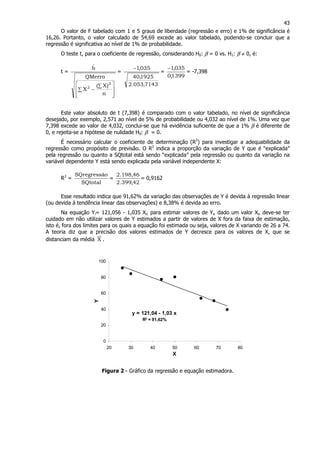 43
O valor de F tabelado com 1 e 5 graus de liberdade (regressão e erro) e 1% de significância é
16,26. Portanto, o valor calculado de 54,69 excede ao valor tabelado, podendo-se concluir que a
regressão é significativa ao nível de 1% de probabilidade.
O teste t, para o coeficiente de regressão, considerando H0: β = 0 vs. H1: β ≠ 0, é:
t =








∑
∑
−
n
)X(
X
QMerro
bˆ
2
2
=
7143,053.2
1925,40
035,1−
=
1399,0
035,1−
= -7,398
Este valor absoluto de t (7,398) é comparado com o valor tabelado, no nível de significância
desejado, por exemplo, 2,571 ao nível de 5% de probabilidade ou 4,032 ao nível de 1%. Uma vez que
7,398 excede ao valor de 4,032, conclui-se que há evidência suficiente de que a 1% β é diferente de
0, e rejeita-se a hipótese de nulidade H0: β = 0.
É necessário calcular o coeficiente de determinação (R2
) para investigar a adequabilidade da
regressão como propósito de previsão. O R2
indica a proporção da variação de Y que é “explicada”
pela regressão ou quanto a SQtotal está sendo “explicada” pela regressão ou quanto da variação na
variável dependente Y está sendo explicada pela variável independente X:
R2
=
SQtotal
oSQregressã
=
42,399.2
46,198.2
= 0,9162
Esse resultado indica que 91,62% da variação das observações de Y é devida á regressão linear
(ou devida á tendência linear das observações) e 8,38% é devida ao erro.
Na equação Yi= 121,056 - 1,035 Xi, para estimar valores de Yi, dado um valor Xi, deve-se ter
cuidado em não utilizar valores de Y estimados a partir de valores de X fora da faixa de estimação,
isto é, fora dos limites para os quais a equação foi estimada ou seja, valores de X variando de 26 a 74.
A teoria diz que a precisão dos valores estimados de Y decresce para os valores de X, que se
distanciam da média X .
y = 121,04 - 1,03 x
R2
= 91,62%
0
20
40
60
80
100
20 30 40 50 60 70 80
X
Y
Figura 2 - Gráfico da regressão e equação estimadora.
 