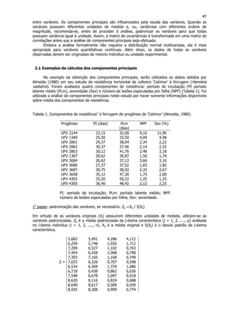 47
entre variáveis. Os componentes principais são influenciados pela escala das variáveis. Quando as
variáveis possuem diferentes unidades de medida e, ou, variâncias com diferentes ordens de
magnitude, recomenda-se, antes de proceder à análise, padronizar as variáveis para que todas
possuam variância igual à unidade. Assim, a matriz de covariâncias é transformada em uma matriz de
correlações antes que a análise de componentes principais seja efetuada.
Embora a análise formalmente não requeira a distribuição normal multivariada, ela é mais
apropriada para variáveis quantitativas contínuas. Além disso, os dados de todas as variáveis
observadas devem ser originadas do mesmo indivíduo ou unidade experimental.
2.1 Exemplos de cálculos dos componentes principais
No exemplo da obtenção dos componentes principais, serão utilizados os dados obtidos por
Almeida (1980) em seu estudo da resistência horizontal de cafeeiro ‘Catimor’ à ferrugem (Hemileia
vastatrix). Foram avaliados quatro componentes de resistência: período de incubação (PI período
latente médio (PLm), severidade (Sev) e número de lesões esporuladas por folha (NPF) (Tabela 1). Foi
utilizada a análise de componentes principais neste estudo por haver somente informações disponíveis
sobre média dos componentes de resistência.
Tabela 1. Componentes de resistência1
à ferrugem de progênies de ‘Catimor’ (Almeida, 1980).
Progênies PI (dias) PLm
(dias)
NPF Sev (%)
UFV 2144 23,15 32,00 9,10 11,96
UFV 1340 25,50 33,50 4,09 4,98
UFV 2861 29,37 38,04 2,34 2,22
UFV 2862 30,37 37,46 2,14 2,32
UFV 2863 30,12 41,76 2,48 2,18
UFV 1307 28,62 36,87 1,50 1,74
UFV 3684 26,62 37,12 3,66 3,16
UFV 3686 27,37 37,52 1,83 1,85
UFV 3687 30,75 38,92 2,33 2,67
UFV 3658 35,12 47,30 1,75 2,00
UFV 4303 35,20 50,22 1,25 1,25
UFV 4305 36,40 48,42 2,12 2,25
PI: período de incubação; PLm: período latente médio; NPF:
número de lesões esporuladas por folha; Sev: severidade.
1o
passo: padronização das variáveis, se necessário: Zij =Xij / S(Xj)
Em virtude de as variáveis originais (Xi) possuírem diferentes unidades de medida, utilizam-se as
variáveis padronizadas. Zij é a média padronizada da j-ésima característica (j = 1, 2, ...., p) avAliada
no i-ésimo indivíduo (i = 1, 2, ...., n), Xij é a média original e S(Xj) é o desvio padrão da j-ésima
característica.
5,682 5,491 4,286 4,112
6,259 5,748 1,926 1,712
7,209 6,527 1,102 0,763
7,454 6,428 1,008 0,798
7,393 7,165 1,168 0,749
Z = 7,025 6,326 0,707 0,598
6,534 6,369 1,724 1,086
6,718 6,438 0,862 0,636
7,548 6,678 1,097 0,918
8,620 8,116 0,824 0,688
8,640 8,617 0,589 0,430
8,935 8,308 0,999 0,774
 
