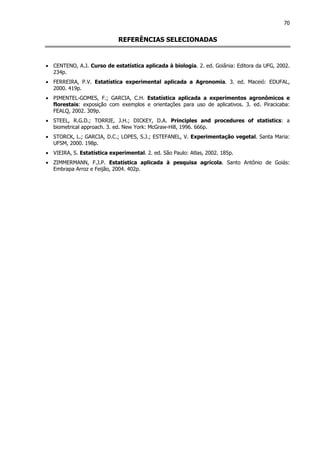 70
REFERÊNCIAS SELECIONADAS
• CENTENO, A.J. Curso de estatística aplicada à biologia. 2. ed. Goiânia: Editora da UFG, 2002.
234p.
• FERREIRA, P.V. Estatística experimental aplicada a Agronomia. 3. ed. Maceió: EDUFAL,
2000. 419p.
• PIMENTEL-GOMES, F.; GARCIA, C.H. Estatística aplicada a experimentos agronômicos e
florestais: exposição com exemplos e orientações para uso de aplicativos. 3. ed. Piracicaba:
FEALQ, 2002. 309p.
• STEEL, R.G.D.; TORRIE, J.H.; DICKEY, D.A. Principles and procedures of statistics: a
biometrical approach. 3. ed. New York: McGraw-Hill, 1996. 666p.
• STORCK, L.; GARCIA, D.C.; LOPES, S.J.; ESTEFANEL, V. Experimentação vegetal. Santa Maria:
UFSM, 2000. 198p.
• VIEIRA, S. Estatística experimental. 2. ed. São Paulo: Atlas, 2002. 185p.
• ZIMMERMANN, F.J.P. Estatística aplicada à pesquisa agrícola. Santo Antônio de Goiás:
Embrapa Arroz e Feijão, 2004. 402p.
 