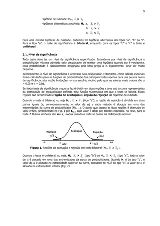 9
Hipótese de nulidade: H0 : 1x = 2x
Hipóteses alternativas possíveis: H1 : a. 1x ≠≠≠≠ 2x
b. 1x > 2x
c. 1x < 2x
Para uma mesma hipótese de nulidade, podemos ter hipótese alternativa dos tipos “a”, “b” ou “c’.
Para o tipo “a”, o teste de significância é bilateral, enquanto para os tipos “b” e “c” o teste é
unilateral.
3.1. Nível de significância
Todo teste deve ter um nível de significância especificado. Entende-se por nível de significância a
probabilidade máxima admitida pelo pesquisador de rejeitar uma hipótese quando ela é verdadeira.
Essa probabilidade é classicamente designada pela letra grega αααα e, logicamente, deve ser muito
pequena.
Teoricamente, o nível de significância é arbitrado pelo pesquisador. Entretanto, como tabelas especiais
foram calculadas para as funções de probabilidade dos principais testes apenas para uns poucos níveis
de significância, isto impõe limitações na sua escolha, motivo pelo qual os valores mais usados são α
= 0,05 e α = 0,01.
Em todo teste de significância o que se faz é dividir em duas regiões a área sob a curva representativa
da distribuição de probabilidade definida pela função matemática em que o teste se baseia. Essas
regiões são denominadas região de aceitação ou região de rejeição da hipótese de nulidade.
Quando o teste é bilateral, ou seja H1 : 1x ≠≠≠≠ 2x (tipo “a”), a região de rejeição é dividida em duas
partes iguais (e, consequentemente, o valor de α) e cada metade é alocada em uma das
extremidades da curva de probabilidade (Fig. 1). O ponto que separa as duas regiões é chamado de
valor crítico, simbolizando na Fig. 1 por tαααα/2, cujo valor é dado por tabelas especiais, no caso, para o
teste t. Outros símbolos são u e z, usados quando o teste se baseia na distribuição normal.
Figura 1. Regiões de aceitação e rejeição em teste bilateral (H1 : 1x ≠≠≠≠ 2x ).
Quando o teste é unilateral, ou seja, H1 : 1x > 2x (tipo “b”) ou H1 : 1x < 2x (tipo “c”), todo o valor
de α é alocado em uma das extremidades da curva de probabilidades. Quando H1 é do tipo “b”, o
valor de α é alocado na extremidade superior da curva, enquanto se H1 é do tipo “c”, o valor de α é
alocado na extremidade inferior (Fig. 2).
 
