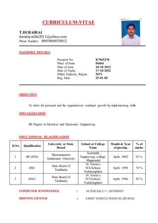 CURRICULUM-VITAE
T.DURAIRAJ
durairaj.nellai2011@yahoo.com
Phone Number: 00919688559812
PASSPORT DETAILS
Passport No. K7965278
Place of Issue Dubai
Date of issue 18-10-2012
Date of Expiry 17-10-2022
Dubai Empossy Reg.no. 5672
Reg. Date 25-01-05
OBJECTIVE
To strive for personal and the organizations continual growth by implementing skills
SPECIALIZATION
BE Degree in Electrical and Electronics Engineering
EDUCATIONAL QUALIFICATION
Sl.No Qualification
University or State
Board
School or College
Name
Month & Year
of passing
% of
marks
1 BE (EEE)
Manonmaniam
Sundaranar University
Jeyamatha
Engineering college,
Muppandal
April- 2002 62 %
2 HSC
State Board of
Tamilnadu
St. Teresa’s
H.S.School,
Vadakangulam
April- 1998 78 %
3 SSLC
State Board of
Tamilnadu
St. Teresa’s
H.S.School,
Vadakangulam
April- 1996 83 %
COMPUTER KNOWLEDGE : AUTOCAD, C++, INTERNET
DRIVING LICENSE : LIGHT VEHICLE MANUAL (DUBAI)
 